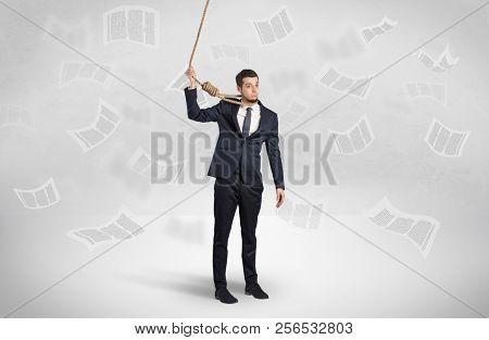 Young burnout businessman with flying documents concept