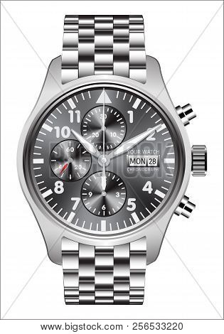 Realistic Watch Clock Chronograph Stainless Steel On White Background Vector Illustration.
