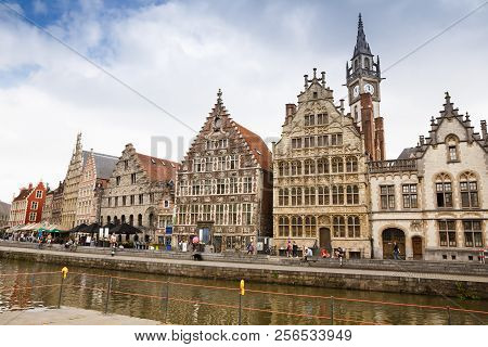 Ghent, Belgium - August 14, 2015 - Old Colorful Traditional Houses At The Graslei Along The Canal.