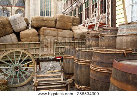 Old Wooden Barrels And Other Stuff In Ghent, Belgium.