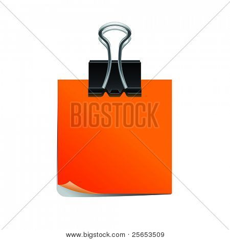 Bloc-note orange avec trombone noir isolé sur fond blanc.