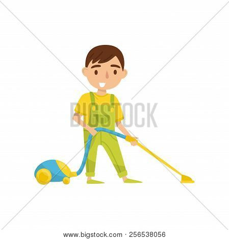 Cute Boy With Vaccuum Cleaner, Kids Activity, Daily Routine Vector Illustration On A White Backgroun