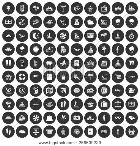 100 Seaside Resort Icons Set In Simple Style White On Black Circle Color Isolated On White Backgroun