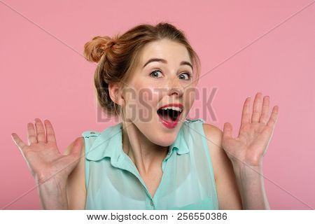 Omg Unbelievable Shock Amazement. Dumbfounded Woman With Mouth Wide Open. Portrait Of A Young Girl O