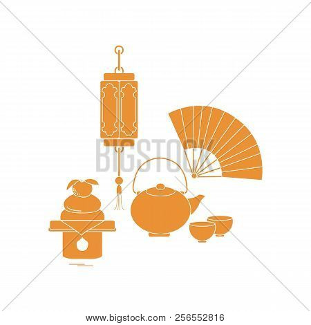 Eastern New Year Symbols. Chinese Lantern, Kettle With Two Cups, Fan, Kagami Mochi. Festive Traditio