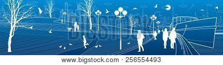 Сity Embankment River. People Walk Along The Sidewalk. Evening Illuminated Park. Kids Are Playing. B