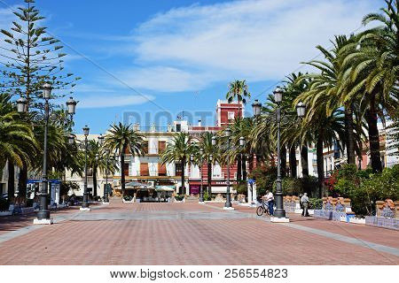 Ayamonte, Spain - June 11, 2017 - View Of Coronation Square (plaza De La Coronacion) With People Enj