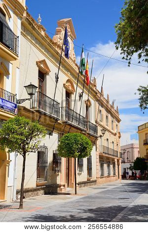 Ayamonte, Spain - June 11, 2017 - Front View Of The Town Hall In The Plaza De La Laguna, Ayamonte, H