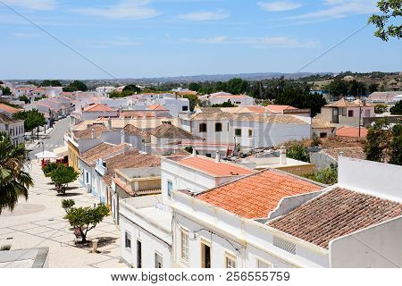 Castro Marim, Portugal - June 11, 2017 - Elevated View Over The Town Rooftops With The 1st May Squar
