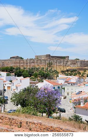 Castro Marim, Portugal - June 11, 2017 - Elevated View Of The Castle And Town Buildings With A Prett