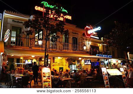 Albufeira, Portugal - June 12, 2017 - Tourists Relaxing Bars And Restaurants In The Largo Duarte Pac