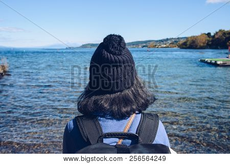 Back View Of A Girl Travel In Taupo With The Scenery View Of Lake Taupo The Largest Fresh Water Lake