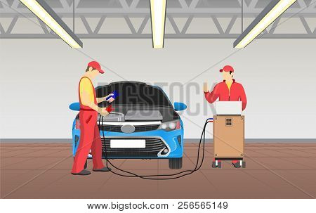 Car Service And Busy Workers Wearing Special Costumes Caps, Tool Box With Wires For Testing Of Repai