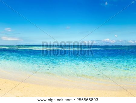 Sandy tropical Wolmar beach at sunny day. Beautiful landscape. Mauritius