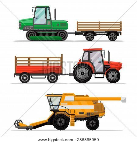 Heavy Agricultural Machinery For Field Work Isolated Set. Wheeled And Caterpillar Tractors With Trai