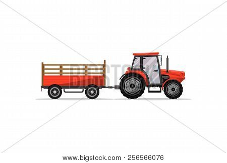 Heavy Wheeled Tractor With Trailer Isolated Icon. Agricultural Machinery For Field Work Illustration
