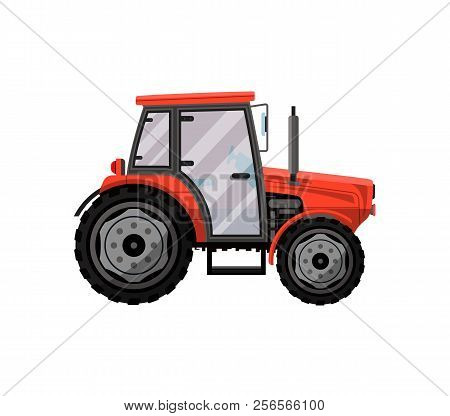 Red Wheeled Tractor Isolated Icon. Agricultural Machinery For Field Work Illustration. Rural Industr