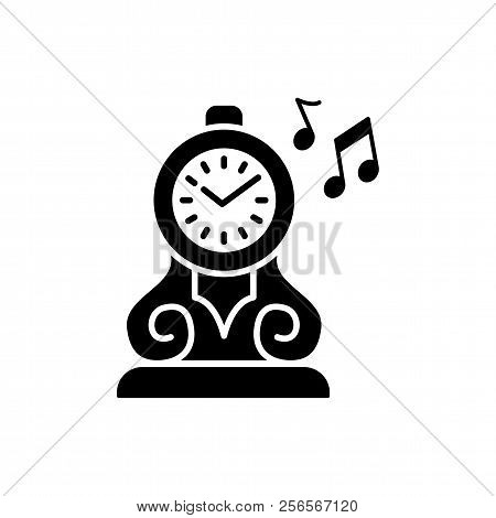 Vector Illustration Of Vintage Musical Desk Clock. Flat Icon Of Old Tabletop Wooden Clock Playing Mu