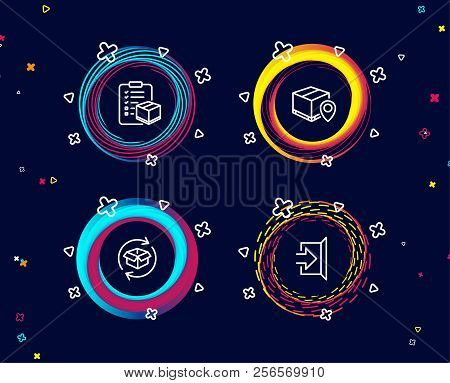 Set Of Parcel Tracking, Parcel Checklist And Exit Icons. Package Location Pin, Logistics Check, Exch