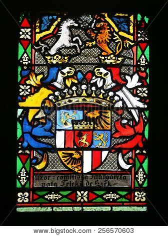 ZAGREB, CROATIA - APRIL 07: Coat of arms of Countess Telleki, stained glass in Zagreb cathedral dedicated to the Assumption of Mary in Zagreb on April 07, 2015