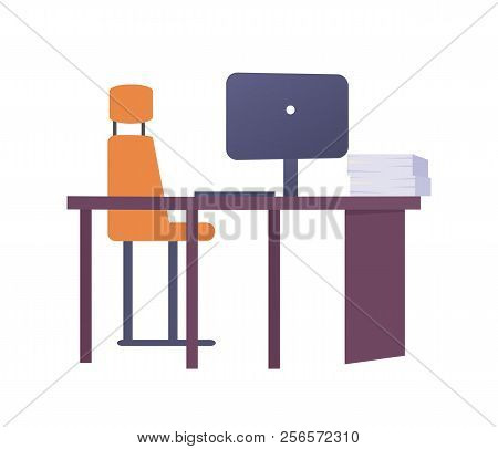 Empty Workplace With Table, Metal Chair, Laptop Side View On Balnk Desktop Vector Illustration Isola