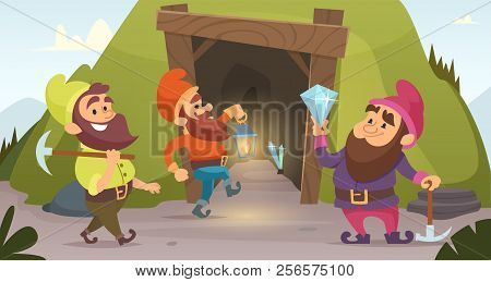 Dwarves In The Mine. Vector Characters Of Dwarves Which Mine Golden Rocks. Illustration Of Dwarf Min