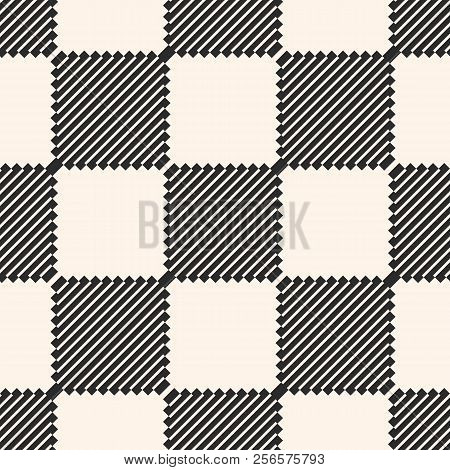Vector Geometric Seamless Pattern With Stripes, Diagonal Lines, Squares. Abstract Black And White Ch
