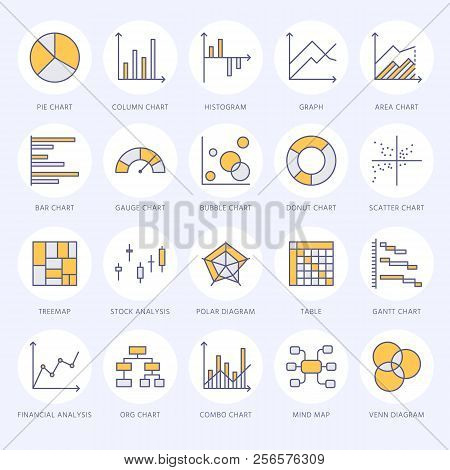 Chart Types Flat Line Icons. Linear Graph, Column, Pie Donut Diagram, Financial Report Illustrations