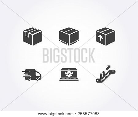 Set Of Package, Online Delivery And Delivery Box Icons. Parcel, Escalator Signs. Parcel Tracking Web