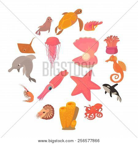 Ocean Animals Fauna Icons Set. Cartoon Illustration Of 16 Ocean Animals Fauna Icons For Web