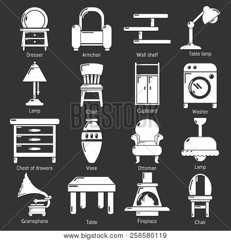Interior Furniture Icons Set White Isolated On Grey Background