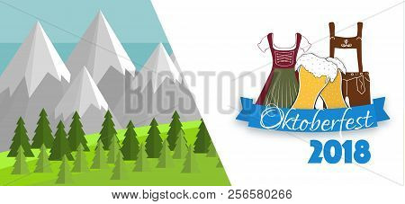 Oktoberfest 2018 Flyer Design, Flat Vector Illustration. Traditional Bavarian Clothes 'tracht' For M