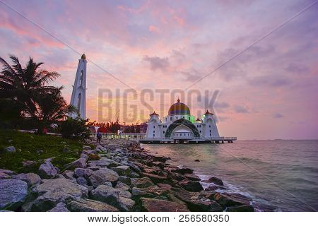 Majestic View Of Malacca Straits Mosque During Sunset