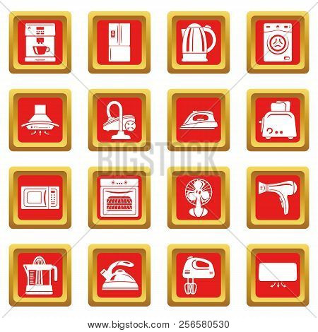 House Appliance Icons Set Red Square Isolated On White Background