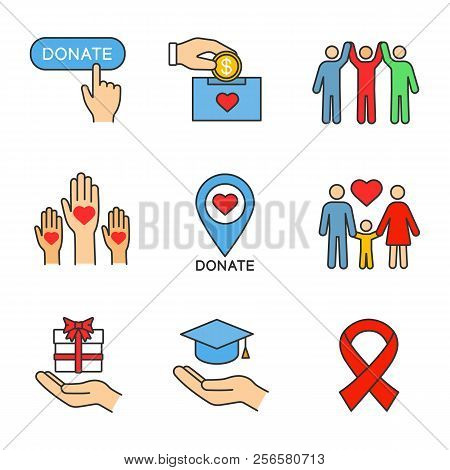 Charity Color Icons Set. Donate Button, Fundraising, Charity Organization Location, Family, Gift, Fr