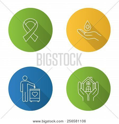 Charity Flat Linear Long Shadow Icons Set. Fundraising, Anti Hiv Ribbon, Blood Donation, Shelter For