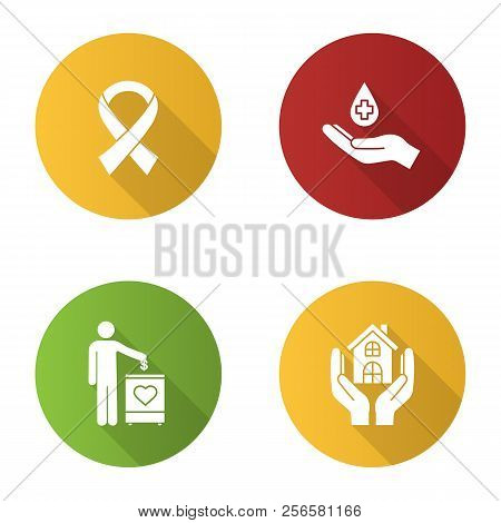 Charity Flat Design Long Shadow Glyph Icons Set. Fundraising, Anti Hiv Ribbon, Blood Donation, Shelt