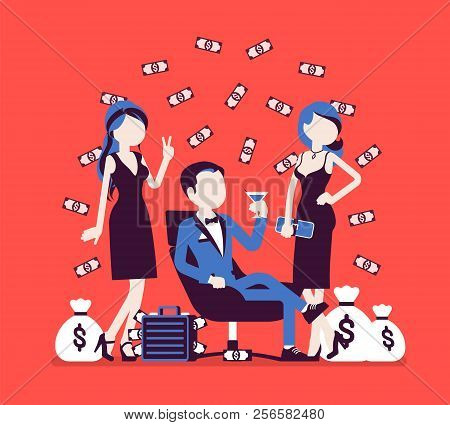 Rich Young Playboy. Wealthy Handsome Man Spends Time Enjoying Himself, Money And Sexual Relationship