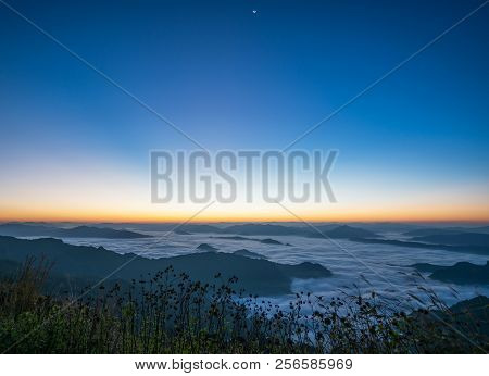 Beautiful Natural Landscape Sea Fog With The First Morning Sun Bright Mountain