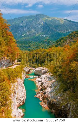 Autumn Scenery Of Soca River Near Kobarid, Slovenia