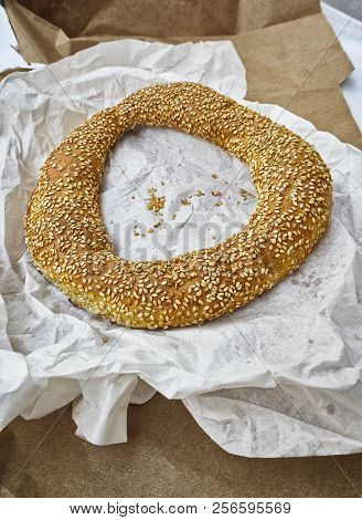 Koulouri, Typical Greek Bread Snack, Over A White Paper.
