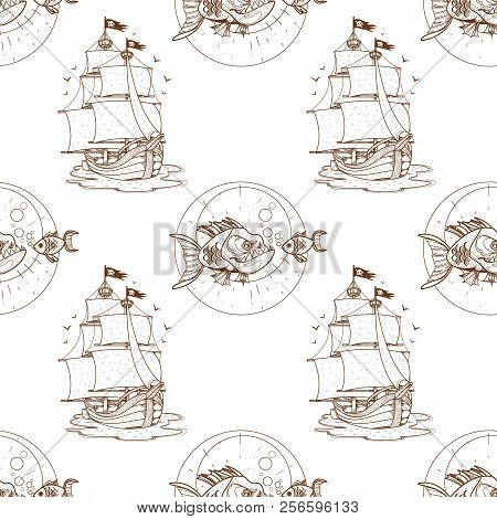 Seamless Pattern For Design Surface Piranha And Goldfish.
