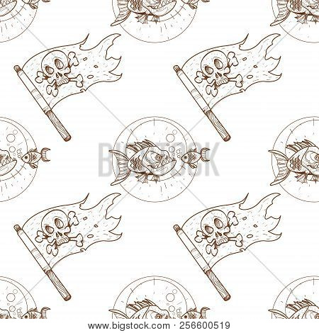 Seamless Pattern For Design Surface Piranha And Goldfish.