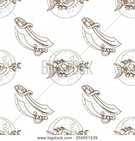 Seamless Pattern For Design Surface Piranha And Goldfish.