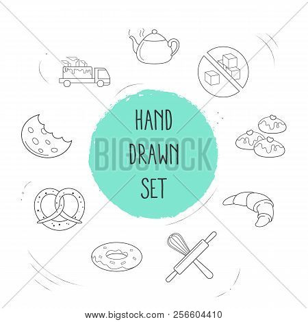 Set Of Bakery Icons Line Style Symbols With Donut, Half Eaten Cookie, Belgian Buns And Other Icons F
