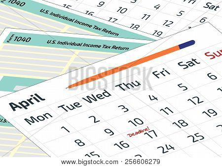 A Calendar, A Pen And 1040 Income Tax Form. 2019, 2020 Tax Form 1040 And A Calendar. Tax Day On Apri