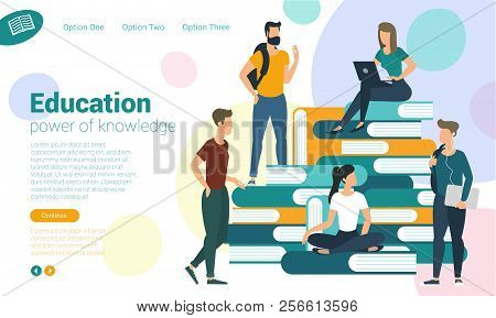 Young Students University College Books And Knowledge Web Page Vector Concept. Ready Eady To Animati