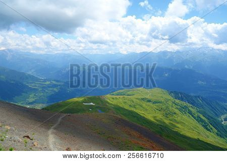 Hiking Trail Leading From Koruldi Lakes To Mount Ushba Glacier In Caucasus Mountains, Upper Svaneti 
