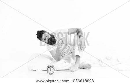 Man Needs To Get Up Early In Morning, White Background. Man With Sleepy Face Try To Awake With Coffe
