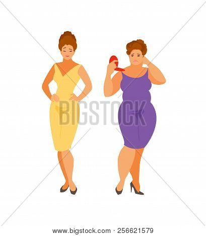 Caricature Haughty Slender And Sad Fat Woman. Vector Illustration